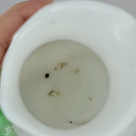 Antique Floral Porcelain Pitcher With Green Handle & Embossed Details - Picture 5 of 8